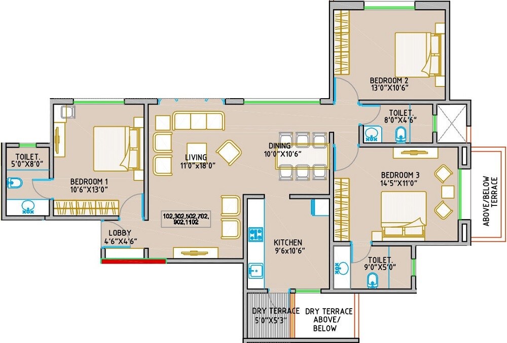 Floor plan of 3 BHK 780 Sq. Ft. Apartment in Royal Orange County, Pune