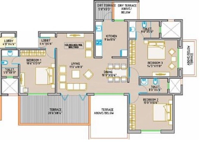 Floor plan of 3 BHK 891 Sq. Ft. Apartment in Royal Orange County, Pune