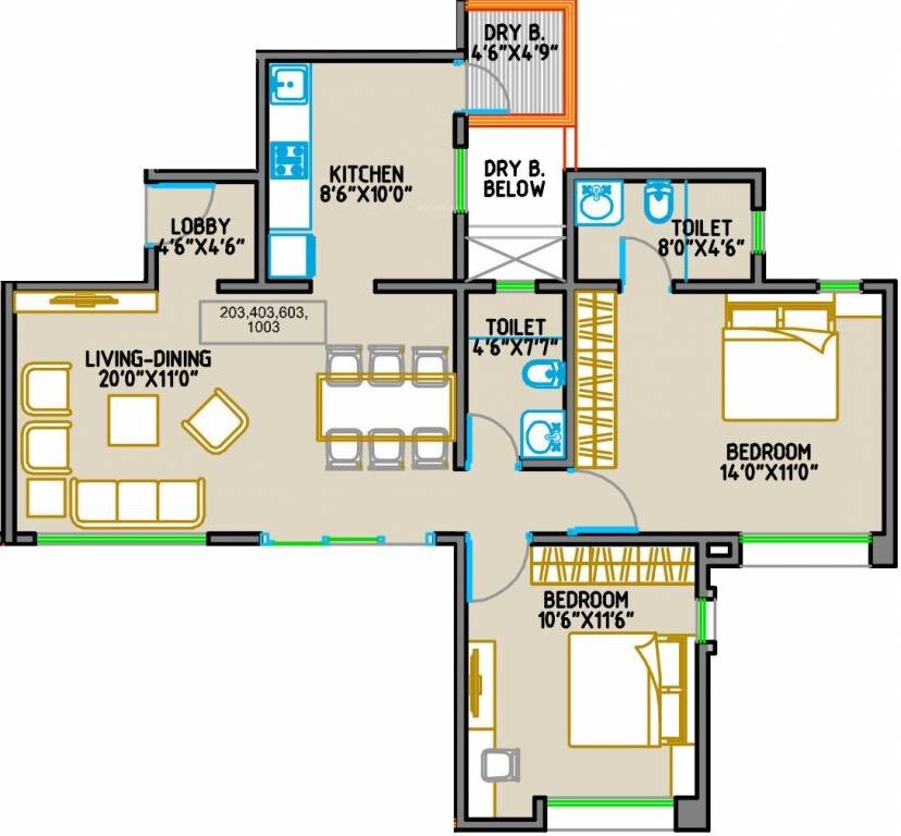 Floor plan of 2 BHK 650 Sq. Ft. Apartment in Royal Orange County C Wing, Pune