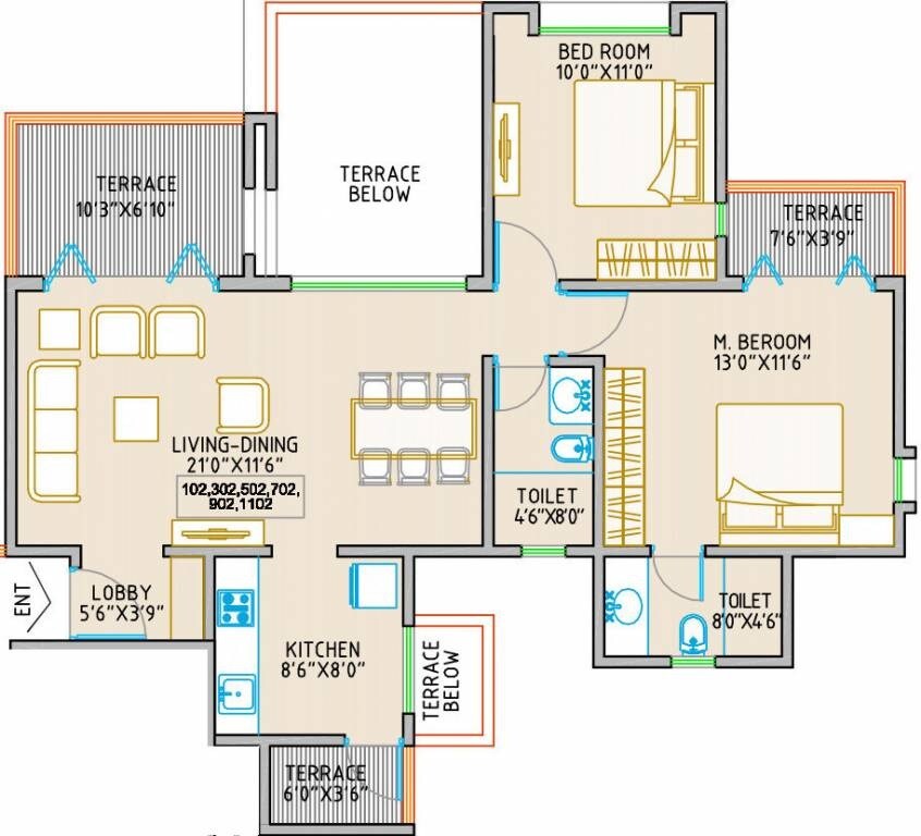Floor plan of 2 BHK 657 Sq. Ft. Apartment in Royal Orange County C Wing, Pune