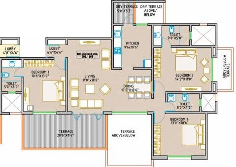 Floor plan of 3 BHK 825 Sq. Ft. Apartment in Royal Orange County C Wing, Pune