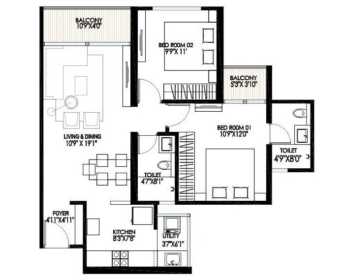 Floor plan of 2 BHK 758 Sq. Ft. Apartment in Royal Palm, Pune