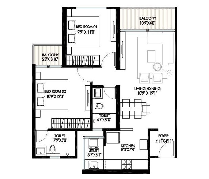 Floor plan of 2 BHK 752 Sq. Ft. Apartment in Royal Palm, Pune