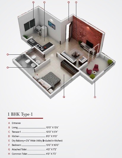 Floor plan of 1 BHK 461 Sq. Ft. Apartment in Royal Sai Fortune, Pune