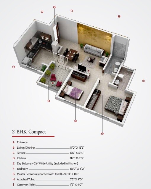 Floor plan of 2 BHK 595 Sq. Ft. Apartment in Royal Sai Fortune, Pune