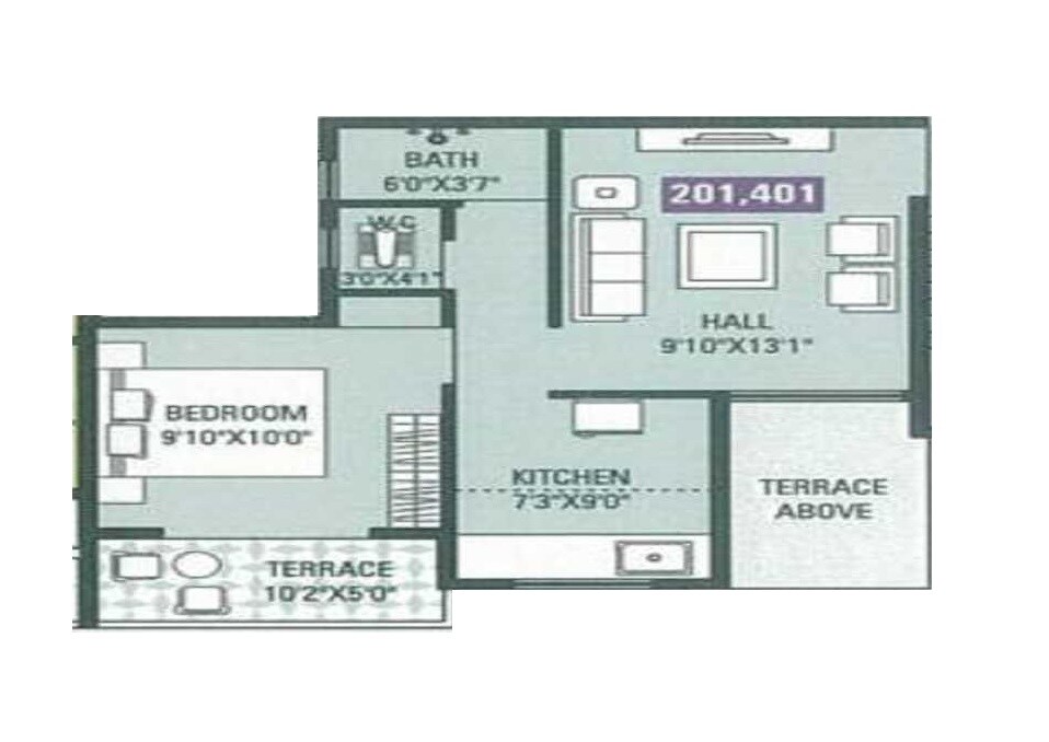 Floor plan of 1 BHK 416 Sq. Ft. Apartment in Royal Shiv Vihar, Pune