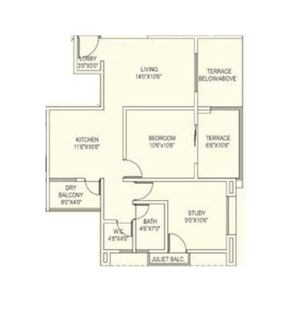 Floor plan of 1 BHK 629 Sq. Ft. Apartment in Royal Star Starvie Apartment, Pune