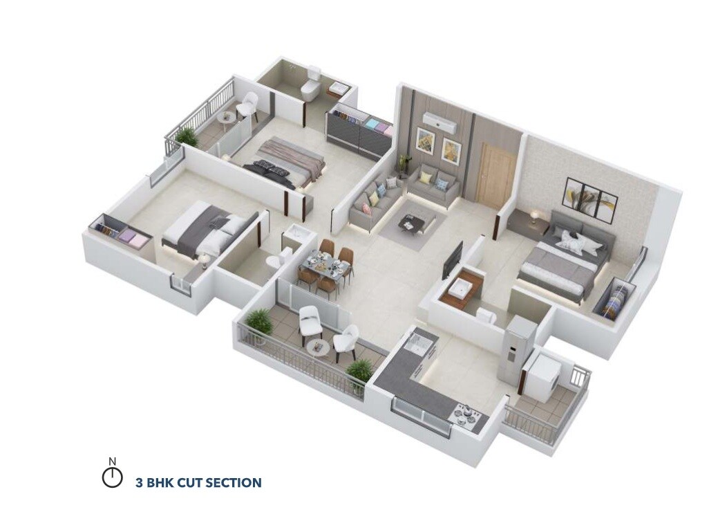 Floor plan of 3 BHK Apartment - 941 sq. ft. in Royal Vrundavan, Pune