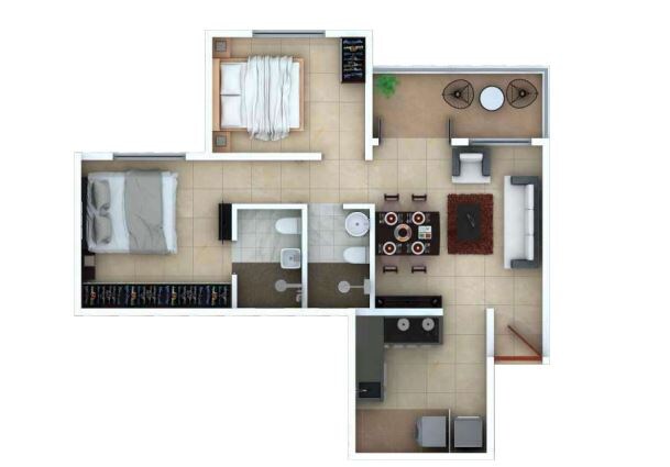 Floor plan of 2 BHK 521 Sq. Ft. Apartment in Royal Yogville, Pune