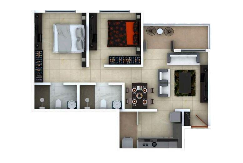 Floor plan of 2 BHK 615 Sq. Ft. Apartment in Royal Yogville, Pune
