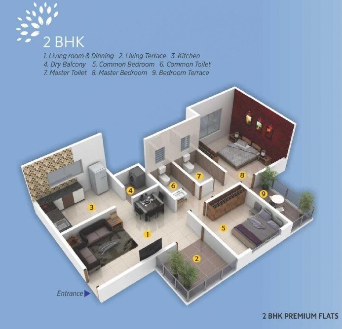 Floor plan of 2 BHK 489 Sq. Ft. Apartment in RR Akshay Heights, Pune