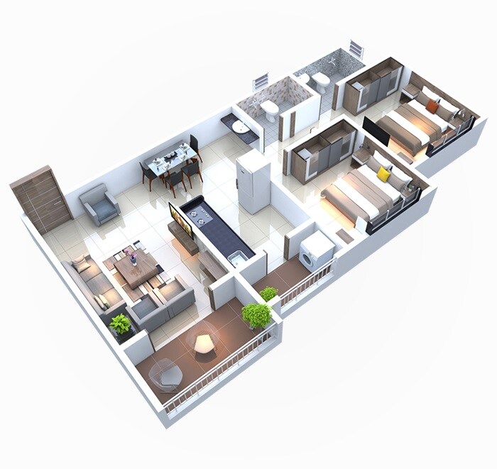 Floor plan of 2 BHK 672 Sq. Ft. Apartment in RR Lunkad Akshay Heritage, Pune