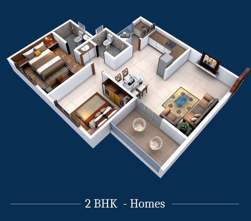 Floor plan of 2 BHK 763 Sq. Ft. Apartment in RR Lunkad 66 Avenue, Pune