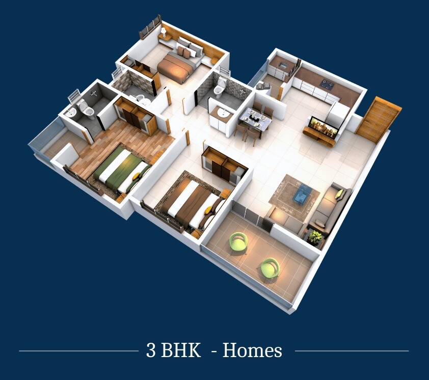Floor plan of 3 BHK 1073 Sq. Ft. Apartment in RR Lunkad 66 Avenue, Pune