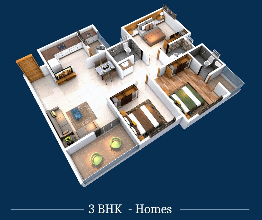 Floor plan of 3 BHK 1273 Sq. Ft. Apartment in RR Lunkad 66 Avenue, Pune
