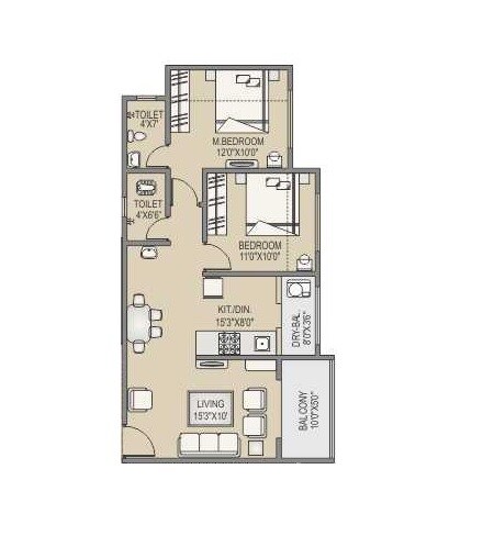 Floor plan of 2 BHK 581 Sq. Ft. Apartment in RR Lunkad Akshay Heritage, Pune