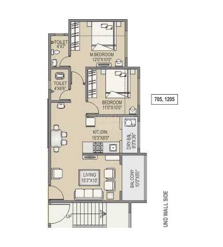 Floor plan of 3 BHK 702 Sq. Ft. Apartment in RR Lunkad Akshay Heritage, Pune