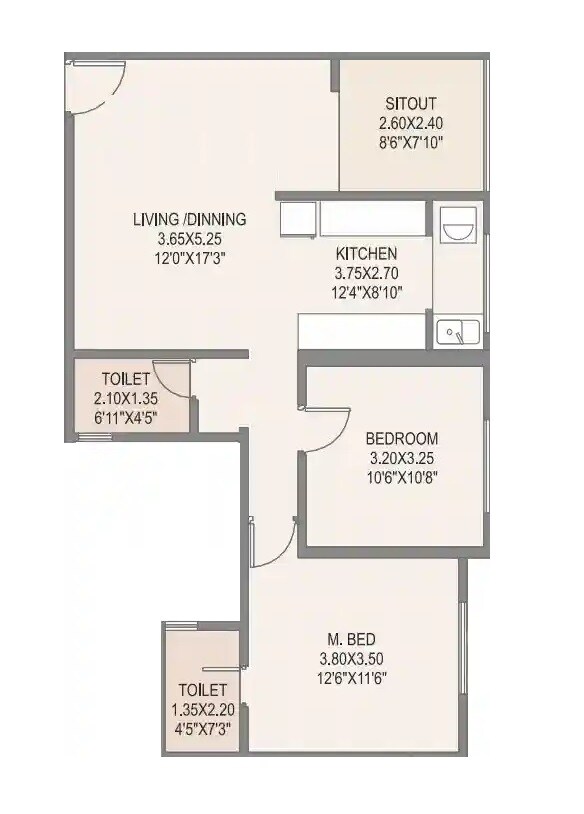Floor plan of 2 BHK 814 Sq. Ft. Apartment in RR Lunkad Akshay Vista, Pune