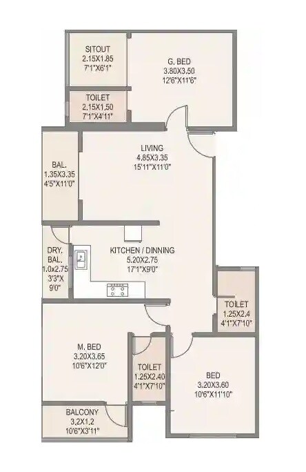 Floor plan of 3 BHK 1087 Sq. Ft. Apartment in RR Lunkad Akshay Vista, Pune