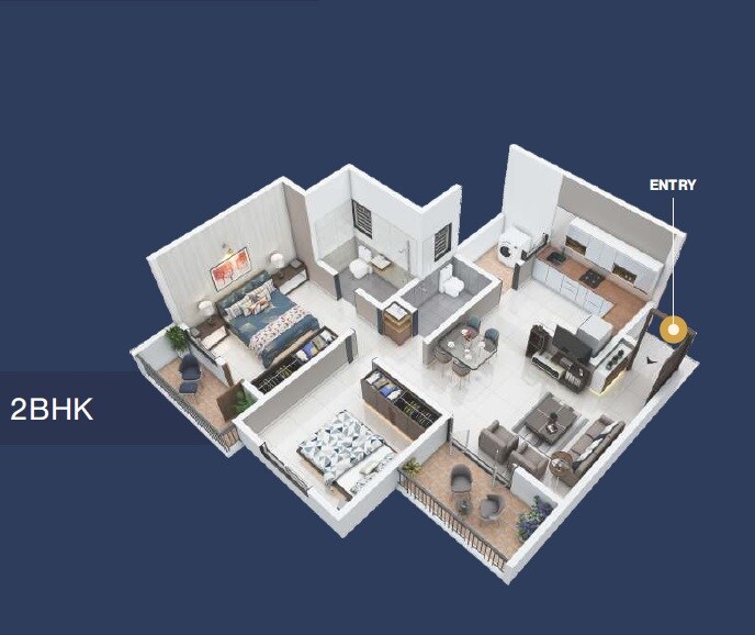 Floor plan of 2 BHK 732 Sq. Ft. Apartment in RR Lunkad Akshay Vrindavan, Pune