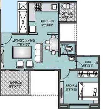 Floor plan of 1 BHK 395 Sq. Ft. Apartment in RR Lunkad Riddhi Siddhi Heights, Pune