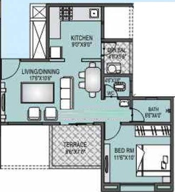 Floor plan of 1 BHK 634 Sq. Ft. Apartment in RR Lunkad Riddhi Siddhi Heights, Pune