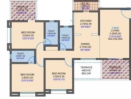 Floor plan of 3 BHK 748 Sq. Ft. Apartment in RR Lunkad Riddhi Siddhi Heights, Pune