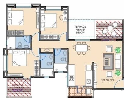 Floor plan of 3 BHK 808 Sq. Ft. Apartment in RR Lunkad Riddhi Siddhi Heights, Pune
