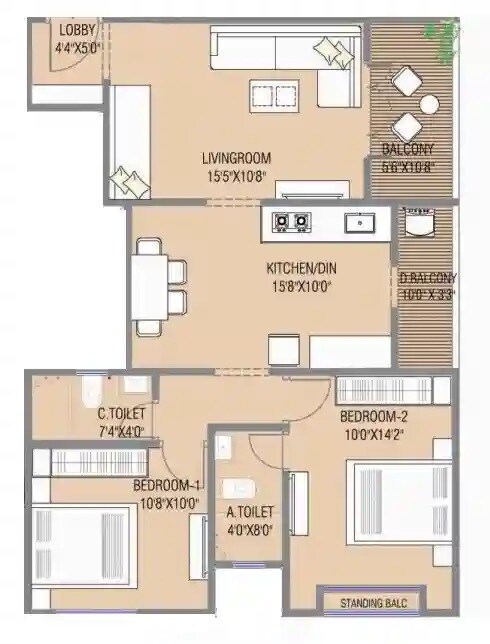 Floor plan of 2 BHK 760 Sq. Ft. Apartment in RR Raut Heights, Pune