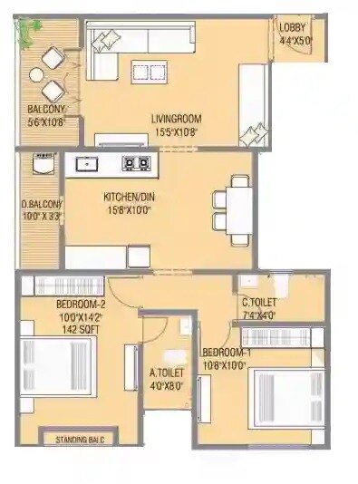 Floor plan of 2 BHK 796 Sq. Ft. Apartment in RR Raut Heights, Pune