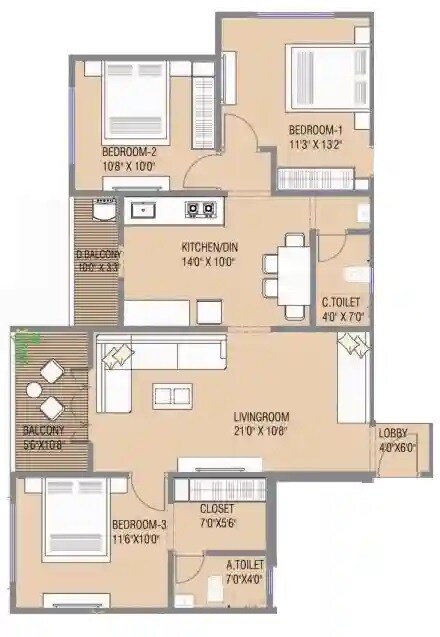 Floor plan of 3 BHK 1030 Sq. Ft. Apartment in RR Raut Heights, Pune