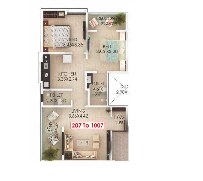 Floor plan of 2 BHK 670 Sq. Ft. Apartment in RS Kalpvruksh, Pune