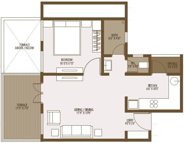 Floor plan of 1 BHK 658 Sq. Ft. Apartment in RTC Goyal Ventures Ayaan, Pune