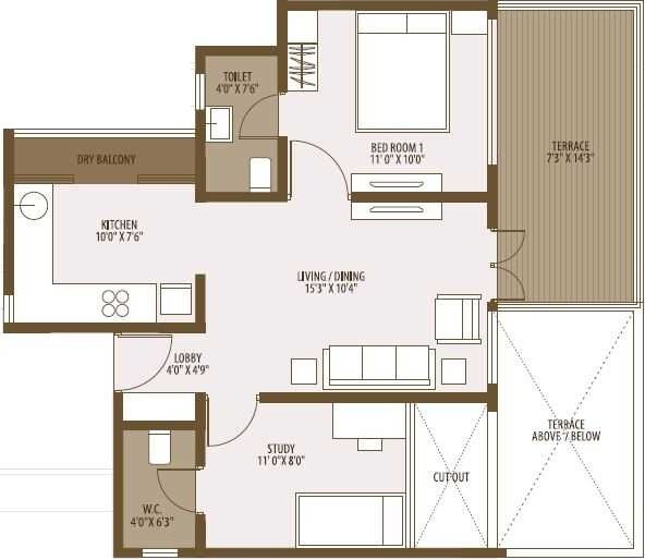 Floor plan of 1 BHK 800 Sq. Ft. Apartment in RTC Goyal Ventures Ayaan, Pune