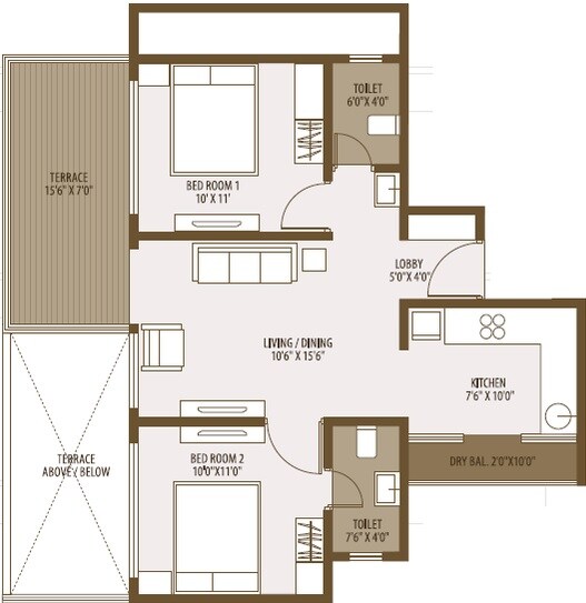 Floor plan of 2 BHK 875 Sq. Ft. Apartment in RTC Goyal Ventures Ayaan, Pune