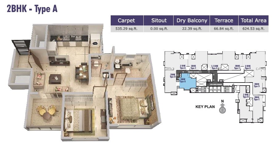 Floor plan of 2 BHK 625 Sq. Ft. Apartment in Rucha Stature, Pune
