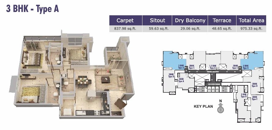 Floor plan of 3 BHK 975 Sq. Ft. Apartment in Rucha Stature, Pune
