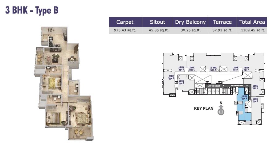 Floor plan of 3 BHK 1109 Sq. Ft. Apartment in Rucha Stature, Pune