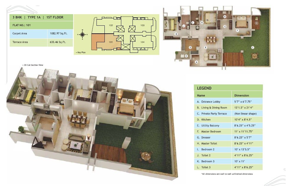 Floor plan of 3 BHK 1082 Sq. Ft. Apartment in Rucha Vantage, Pune