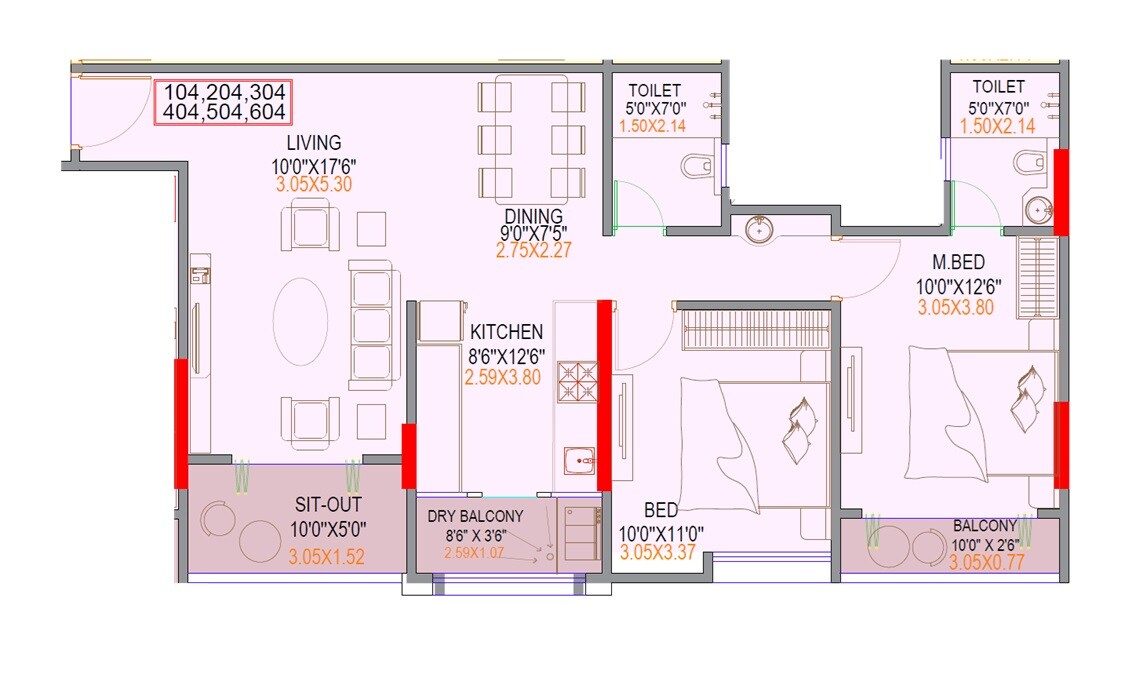 Floor plan of 2 BHK 808 Sq. Ft. Apartment in Rudved Mangal Vastu, Pune