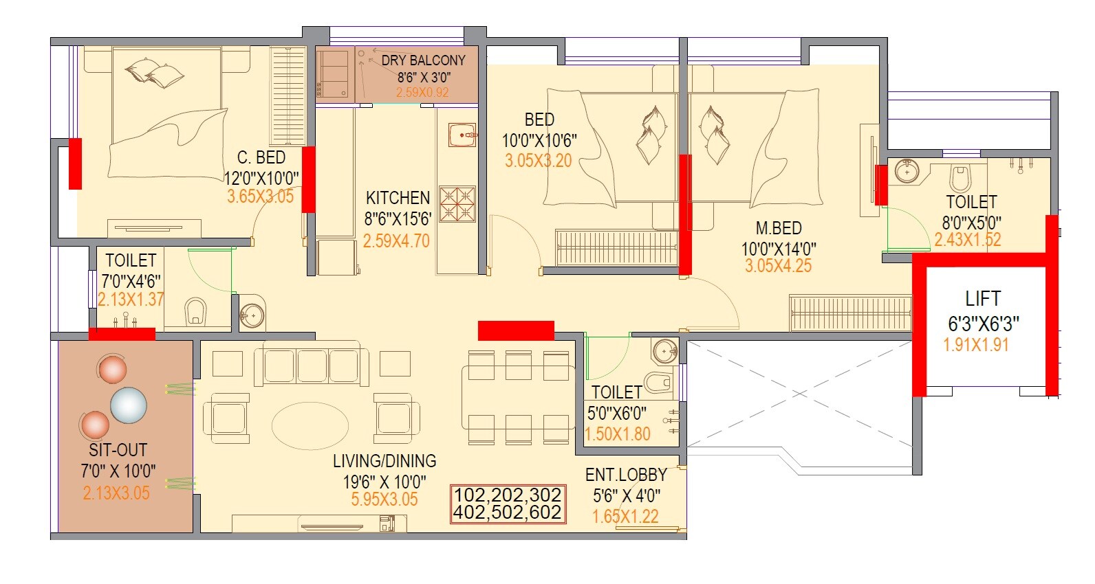 Floor plan of 3 BHK 973 Sq. Ft. Apartment in Rudved Mangal Vastu, Pune