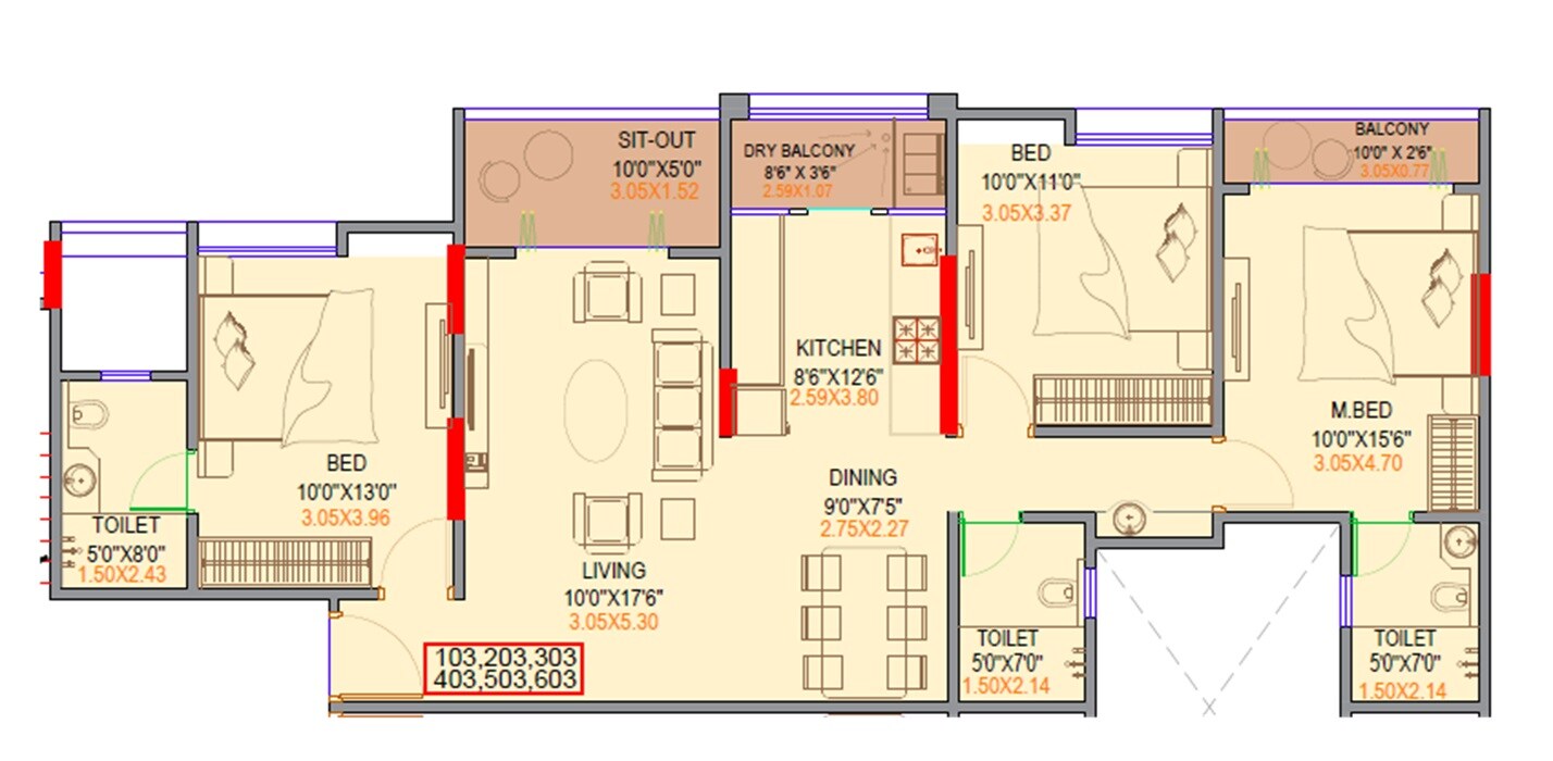 Floor plan of 3 BHK 990 Sq. Ft. Apartment in Rudved Mangal Vastu, Pune