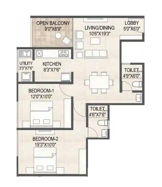 Floor plan of 2 BHK 665 Sq. Ft. Apartment in Ruhi Mangalam Niyoshi, Pune