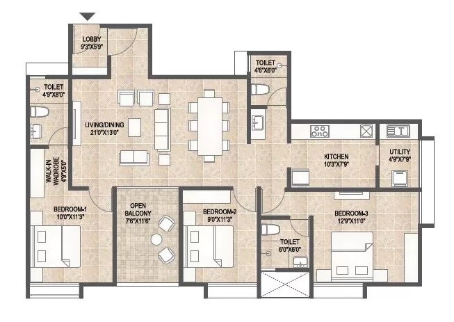 Floor plan of 3 BHK 1002 Sq. Ft. Apartment in Ruhi Mangalam Niyoshi, Pune