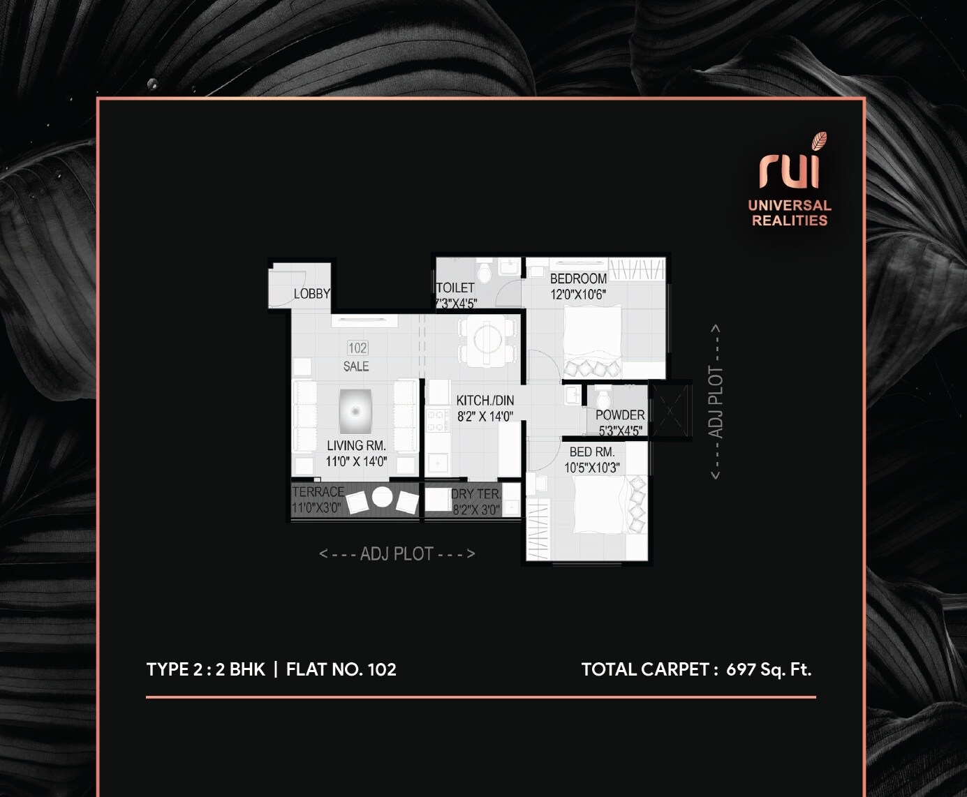 Floor plan of 2 BHK 697 Sq. Ft. Apartment in Rui 114 Priyanjali, Pune