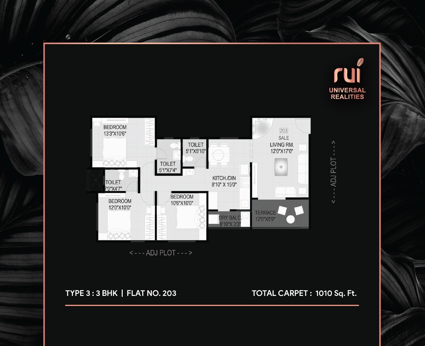 Floor plan of 3 BHK 1010 Sq. Ft. Apartment in Rui 114 Priyanjali, Pune