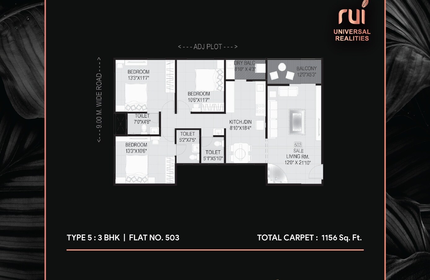 Floor plan of 3 BHK 1156 Sq. Ft. Apartment in Rui 114 Priyanjali, Pune