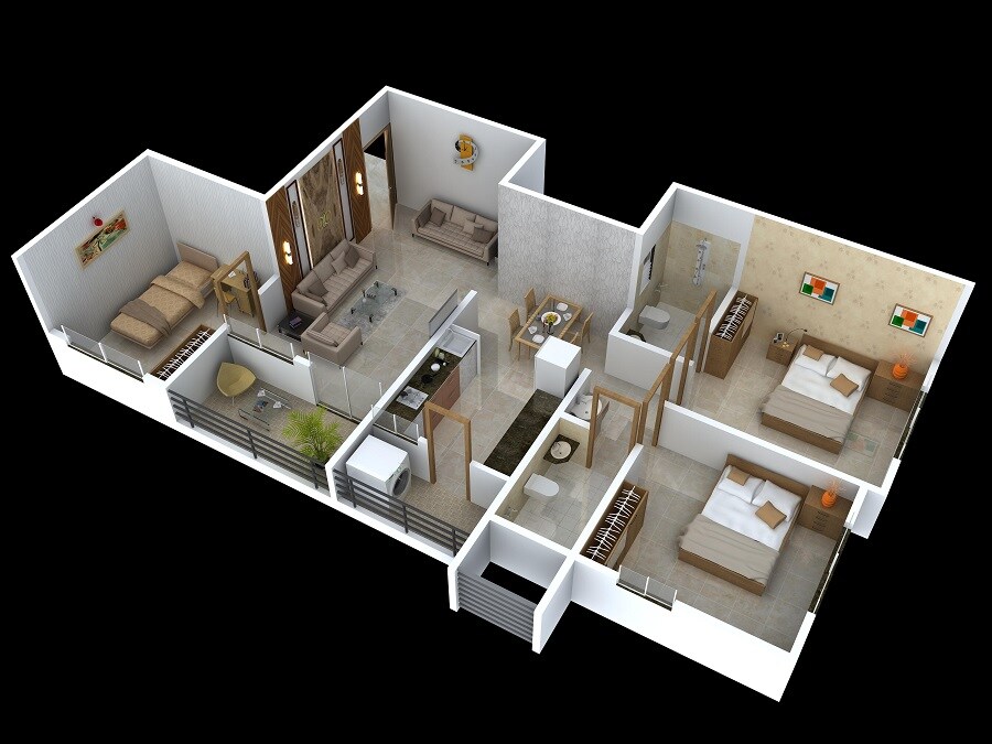 Floor plan of 3 BHK 887 Sq. Ft. Apartment in RUI 146 Vishwaganga, Pune
