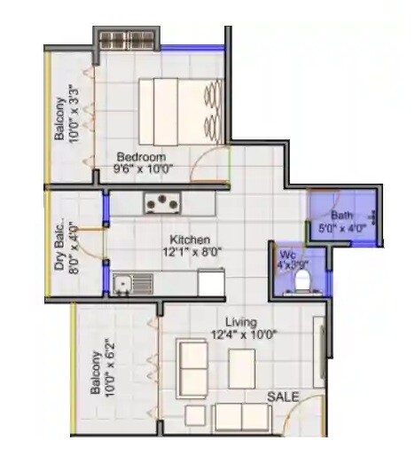 Floor plan of 1 BHK 403 Sq. Ft. Apartment in Rui 69 Padma, Pune