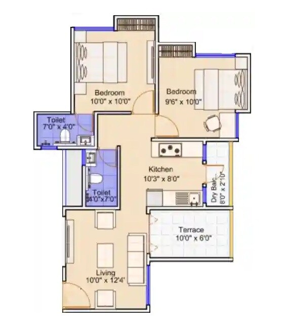 Floor plan of 2 BHK 513 Sq. Ft. Apartment in Rui 69 Padma, Pune
